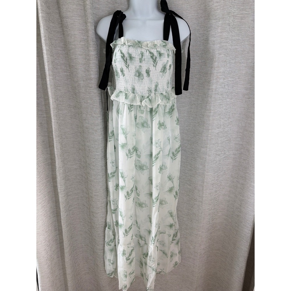 Free The Roses Green Floral Smocked Maxi Dress Black Tie Straps small NWT